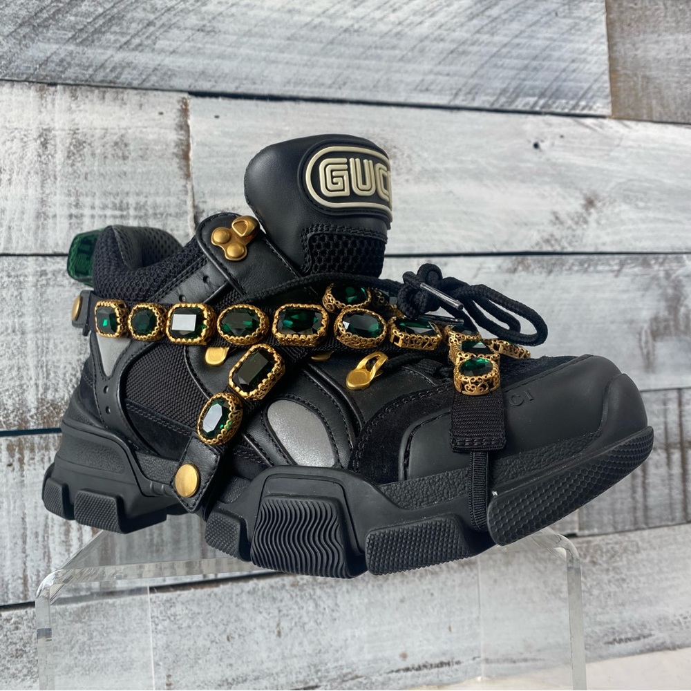 Gucci Flashtrek black sneakers with removable green jeweled harness size 38.5